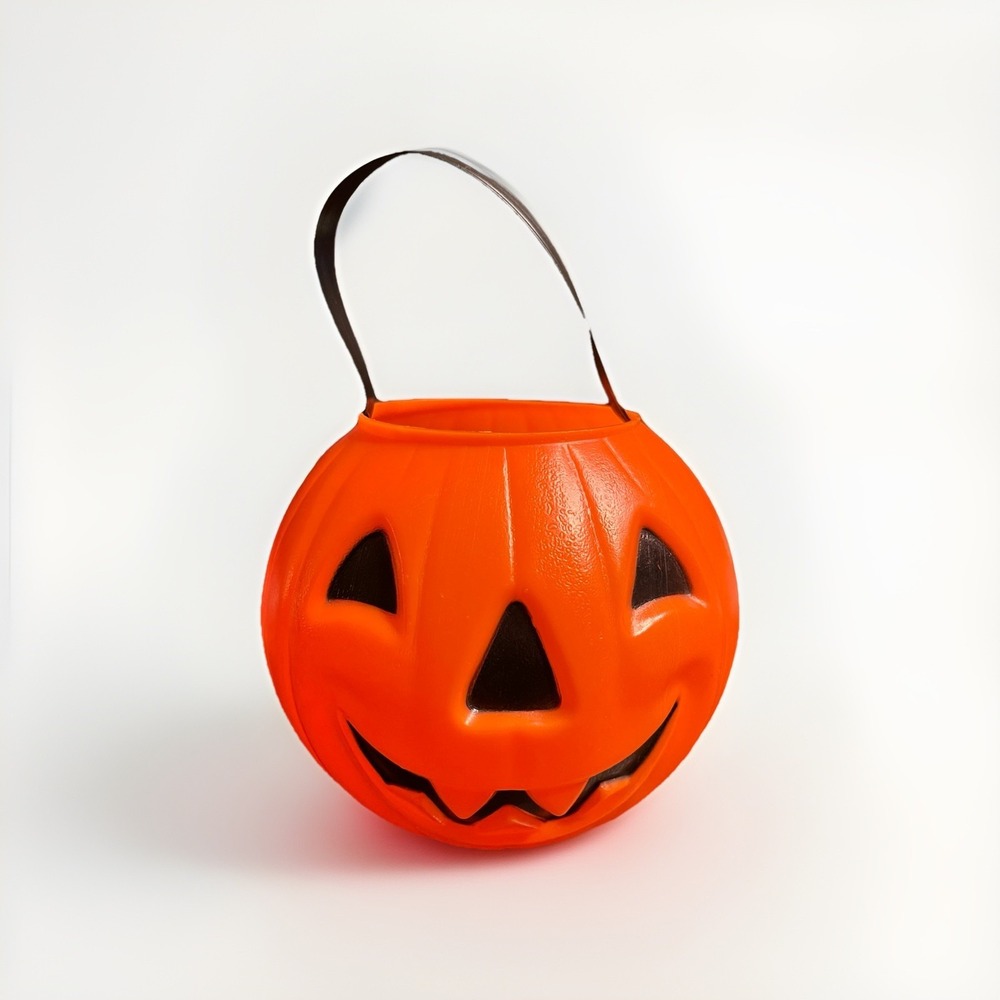 VTG Orange Plastic Jack O Lantern Pumpkin Trick or Treat Pail Bucket Blow Mold